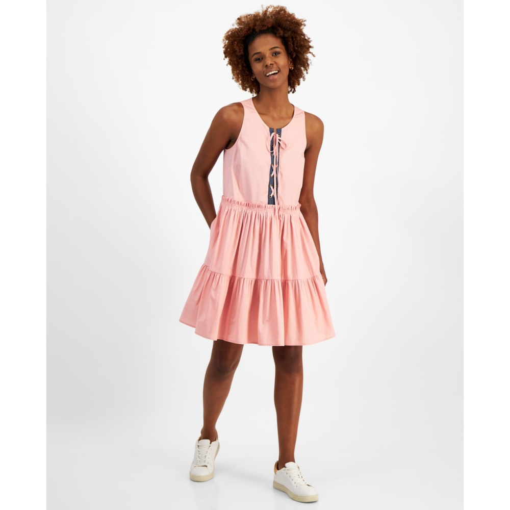 Nautica Jeans Women's XL Pink Lace-Up Tiered Ruffled Sleeveless Dress NWT